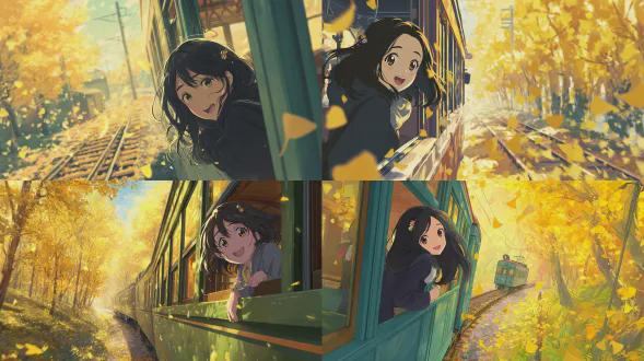 一幅具有精细2d动漫艺术风格的场景，让人联想到新海诚的作品。在宁静的晚秋森林中，一列可见的火车在铺满金色落叶的轨道上滑行。明亮温暖的阳光透过稀疏的银杏树洒落，为场景笼罩上柔和的金色光辉。一位留着黑色长发的女孩探出身窗外，脸庞朝向飘动的银杏叶。她动漫风格的脸庞被阳光明亮照亮，白皙、有光泽的皮肤在温暖光线下柔和闪耀。她大大的 expressive 的眼睛和灿烂笑容展现出欢快、playful 的情绪。一个小巧的装饰发夹在她飘动的黑发中闪烁，随风飘动时捕捉到光线。森林模糊成发光的余像，凸显此刻的 vivid 美丽。