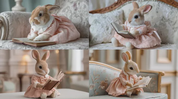 一只可爱的小兔子穿着优雅的粉色连衣裙，带着蝴蝶结，坐在沙发上，看书，用爪子捧着一本打开的书。小兔子的毛色是浅棕色和白色相间，营造出梦幻的氛围。自然光和对小兔子特征的细致描绘，包括其细腻的纹理，呈现出高清摄影的全身肖像。精致的构图以复古风格的古典房间装饰为背景