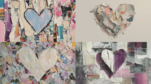 手工模拟拼贴画，完全由撕碎的高光泽杂志剪报制成。一个简单的手绘心形符号居中构图，明显是绘画风格的心形，非解剖学意义上的。心形由分层的杂志碎片构成，可见撕碎的边缘、印刷纹理、残留的排版文字和高光泽纸张光泽。背景也完全由重叠的杂志碎片拼贴而成，色调柔和中性，具编辑风格，可见纸张层次和细微阴影。具有剪贴画美学，图形化， playful 却精致