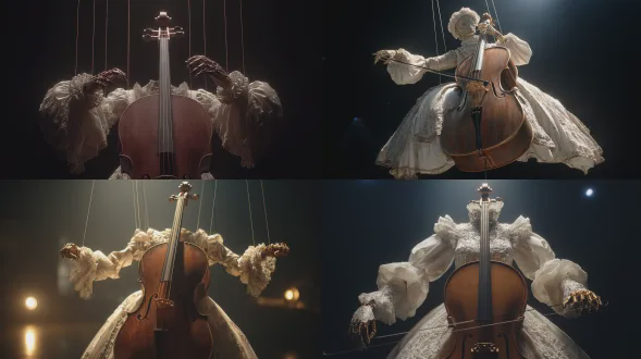 surreal cinematic shot, only two isolated wooden puppet arms and hands playing a large cello, floating in mid-air with no body attached. the arms feature ultra-luxurious, voluminous pure white baroque sleeves made of heavy silk, multi-layered lace, and intricate silver embroidery. visible wooden ball-joints and realistic wood grain on the hands. thin, glowing translucent strings are pulling the fingers and wrists from above. a single harsh spotlight illuminates the arms and the cello in the center of a pitch-black stage. high contrast, dramatic shadows, hyper-realistic fabric textures, 8k resolution, eerie and elegant atmosphere.