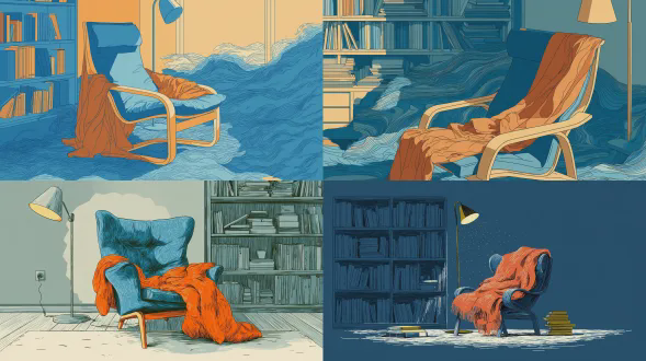 a calm and cozy lounge chair scene, eye-level view, illustrated in flat graphic style. a wooden lounge chair with the iconic curved frame of an ikea poäng armchair, clean scandinavian design. the seat cushion is very soft, rendered as dense cobalt blue wavy linework only, flowing like a quiet ocean. a warm orange-red blanket casually draped over the chair, shown as a solid flat color with no hatching or linework, smooth color fill, visible folds created only by shape, not lines. next to the chair stands a floor lamp emitting soft, warm pale yellow light, gently illuminating the chair. behind the chair is a bookshelf filled with books, some standing upright, some stacked horizontally and slightly fallen. limited color palette: cobalt blue linework, solid orange-red, yellow, green, and white. hand-drawn, imperfect pen strokes, flat shapes, minimal shading, lots of negative space. risograph print texture, slight misregistration, subtle grain, contemporary editorial illustration, calm and serene mood.