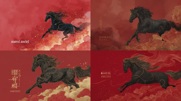 a black horse, running in the air with golden lines on its body and red auspicious clouds below it, creating an atmosphere of joyous celebration. the background is red with the text "marvel zodiac" written in the bottom right corner. this watercolor illustration has a dreamy quality to it. it was created using digital painting techniques such as traditional ink wash style and subtle gradients for a soft appearance.