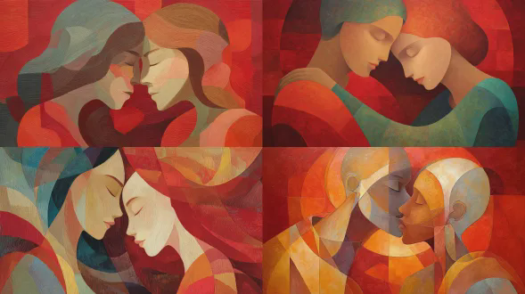 一幅描绘欧裔美国女同性恋情侣的当代抽象画。人物造型化，形体重叠交织，相拥，近乎亲吻。肤色和面部轮廓以柔和多样的色调呈现。背景是鲜艳的红色。构图由类似彩色玻璃的流动几何形状构成——弯曲的平面、分层的半透明效果和有节奏的重复。女性的眼睛轻柔闭合或简化，传达出爱与浪漫。笔触平滑且具绘画感，过渡柔和，硬边极少。氛围宁静却强烈。整体美学现代、优雅，象征甜蜜浪漫