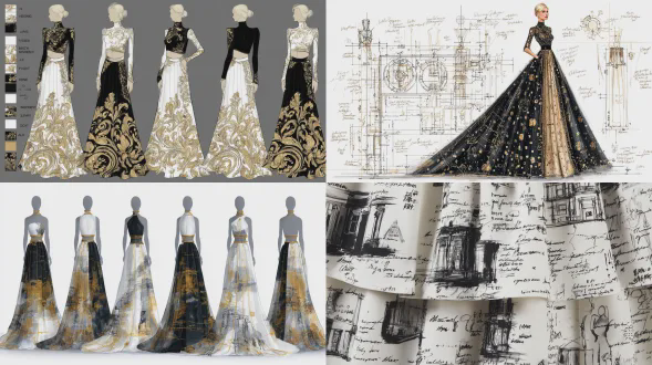 乔其纱与缎面混纺，六片式裙装结构，每条裙摆饰有褶边，精致手绘设计，a字轮廓上衣配圆形镂空，背景展示设计草图及标注展示服装结构，示意图，带有270厘米长度标签。颜色为优雅的白色、黑金配色。时尚草图搭配面料样本。高分辨率，高度细节