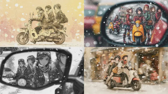 钢笔绘图风格 感恩日！ 日本早冬 侧镜上有雪花 全身；描绘电影场景的照片，展现艺术帮派摇滚风格的新时代日本女性 本田zoomer可爱小型摩托车 钢笔绘图风格 柔和模糊 绘制巧妙的照片