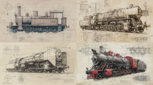 蒸汽机车，照片级写实3/4视角，专业产品拍摄，工作室环境，旁边有一幅达芬奇风格的技术蓝图，多角度正交视图，精确的测量和比例，旧纸上的手绘墨线，工程标注，文艺复兴工作室绘图风格，当代精度与历史艺术的对比，超细节