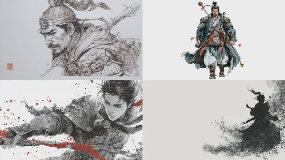 a chinese famous warrior zhaoyun, chinese ink style, white clear background, clear brush texture, watercolor for character, fresco water ink