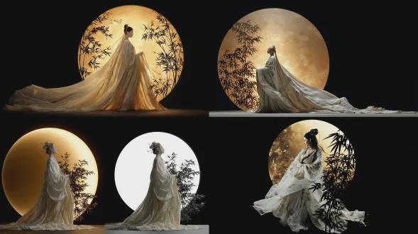 超现实中式时尚摄影。一位身着飘逸薄透白色与浅金色汉服的人物，在一片漆黑中飘浮于巨大发光的金色日食球体前。侧面以黑色竹茎和竹叶取代了梅花。高对比度照明，奢华质感，营造出空灵且庄严的氛围，背景纯黑