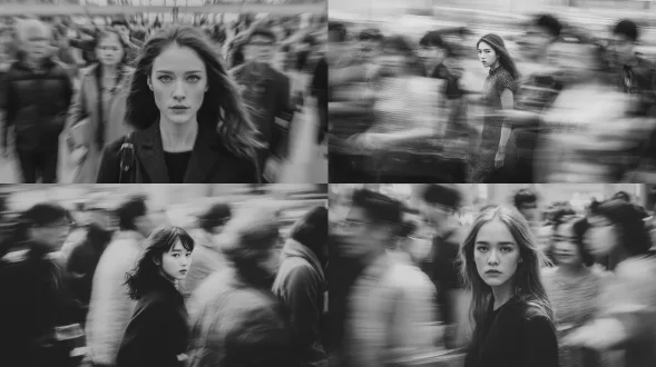 电影质感运动模糊摄影，用徕卡sl3相机搭配50mm summilux镜头，光圈f/2.8，从胸部水平正面角度用慢快门平移拍摄。布光设置：平坦的阴天日光作为柔和漫射光，可呈现长模糊轨迹且无强烈对比。色调：受a24电影启发的黑白风格。主体：一位z世代女性模特完全静止站立，眼睛锐利，长发飘逸，脸部对称，可见真实皮肤毛孔，穿着简约时尚。人群动作：数百名通勤者向四面八方匆忙跑过，身体拉伸成平滑的水平和对角线模糊。情感：通过静止展现安静反抗。美学：编辑风的宁静与混乱对比。后期：清晰的运动物理效果，细微颗粒感，无故障、无面部变形、无解剖扭曲