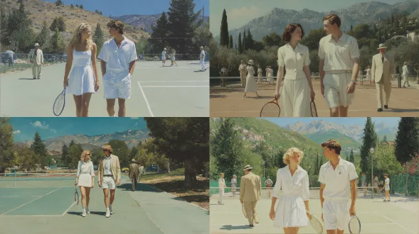 一位身着白色网球服的年轻女子与一位穿着白色衬衫和短裤的年轻男子一同在网球场上漫步，手持球拍。背景中可见山峦景观，有树木，还有一位身着浅色西装的男子走在他们身后。该场景传达出户外悠闲的一日。风格为超写实，皮肤纹理极为细致，分辨率达8k