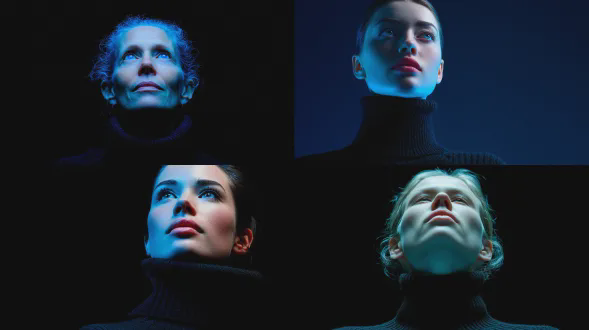 超写实低角度人像，一位女士仰望着镜头，下方强烈的青色光线照射着她。黑色高领毛衣与纯黑色背景形成鲜明对比。85mm f/1.4 镜头，肌肤纹理清晰锐利，无噪点。