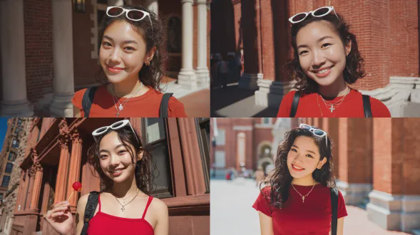 是一张高分辨率的户外全身照，拍摄对象是一位笑容灿烂的年轻东亚女性，镜头从腰部以上捕捉。她站在明媚的阳光下，身后的砖砌建筑投下清晰的阴影。她一头浓密的深色波浪卷发，略带卷曲，一副白色圆框太阳镜被推到头顶。她拥有白皙光滑的肌肤，明亮上扬的深色眼睛，精致的鼻子，以及灿烂的笑容，露出上排牙齿。她的嘴唇是自然柔和的粉红色。她穿着一件修身的红色圆领露脐背心，隐约露出小腹和肚脐。一条精致的银项链，上面挂着一个小十字架吊坠。她的左肩上斜挎着一条黑色肩带，可能是背包或单肩包的。她纤细的右手涂着浅色指甲油，手里拿着一个鲜艳的亮红色球形物体，看起来像樱桃或棒棒糖。背景是一栋红棕色砖砌建筑，重复的建筑立柱或壁柱顶端饰以浅色柱帽，营造出强烈的垂直阴影。场景设定在阳光明媚的城市人行道上，铺着浅色路面。整体美感明快、充满活力且自然，注重清晰的细节和温暖的光线。