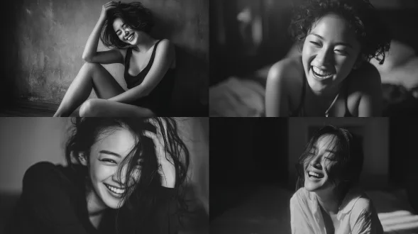 一幅艺术感十足的黑白肖像，描绘了一位年轻中国女性随意地坐在地板上，开怀大笑的姿态。柔和的自然光线，黑白处理突出了头发的质感和轻松的神态。使用50mm镜头拍摄，呈现细腻的艺术颗粒感。