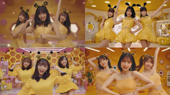 三个日本女性偶像团体，魅力摄影，全体18岁，皆为黑发，面容似2025年日本顶级青少年时尚模特，仅佩戴带有蜜蜂触角的发带，在带有蜂蜜主题背景的日本音乐节目演播室舞台上跳舞，摆出8字造型，身着蜂蜜色连衣裙，表情欢快，呈现动态舞蹈姿势，有明亮的演播室灯光，氛围高能量，具k-pop启发的时尚风格，超写实，4k分辨率