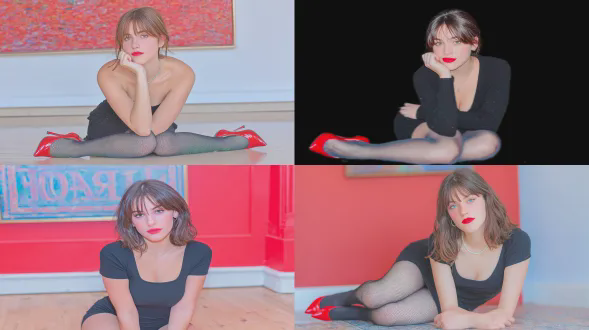 一幅高时尚编辑风格的女性肖像，她轻松又自信地坐在地板上，双腿不对称折叠，手臂随意搁置。她身着黑色极简主义连衣裙、鲜艳绿色紧身裤和有光泽的红色高跟鞋。自然妆容搭配大胆红色口红，棕色短发带柔和刘海。背景是纯深红色的工作室背景，替换了原本的室内场景。构图简洁，红、绿、黑色彩对比强烈，具复古现代美学，属时尚编辑摄影，有柔和但有方向的工作室灯光，对焦清晰，皮肤纹理逼真，有电影色调分级，具杂志级造型