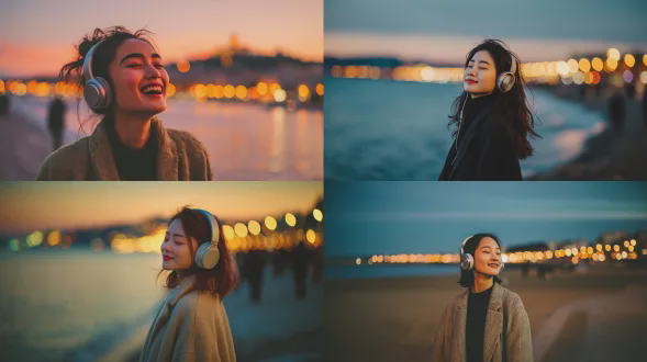 街头时尚摄影，一位年轻亚洲女性的肖像，时尚的风衣，日落时在海滩上行走，时尚的银色头戴式无线耳机。闭着眼睛，放松的微笑，沉浸的氛围，与人群隔绝。黄金时刻光芒的金属反射，模糊的海边灯光，散景背景，电影化布光，都市海滨氛围。用大光圈镜头拍摄，浅景深，耳机和面部表情清晰对焦，8k，高细节