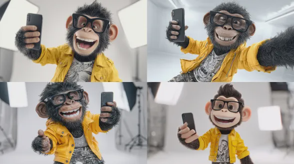 一幅逼真的3d渲染图，展现一只风格化的黑色毛发猴子吉祥物，毛发短而浓密，表情欢快，露齿微笑，微微歪头，右手拿着一部现代智能手机，手臂弯曲并稍微向前伸展，将屏幕直接展示给观众。它戴着黑色矩形粗框眼镜，穿着一件敞开的亮黄色飞行员夹克，内搭图案t恤，搭配带有动感图案的大胆都市风格短裤。身体稍微转动，模仿随意的展示姿势。背景是干净的白色工作室背景，带有柔和的阴影。明亮的工作室灯光增强了手机表面的反光、毛发纹理和鲜艳的服装。使用：逼真3d渲染、拟人化猴子角色、面部表情绑定、皮下毛发模拟、织物和玻璃反光、佳能eos r5、85mm f/1.2镜头、高调工作室灯光、柔和阴影、高清质量、自然外观