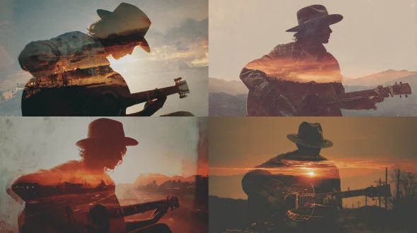 戴破旧牛仔帽的音乐家弹奏原声吉他的双重曝光肖像剪影，剪影中充满日落时分温暖的沙漠公路景观，丰富的琥珀色和烧焦橙色，厚重的胶片颗粒质感，模拟摄影风格，漏光，磨损的黑胶唱片套美学