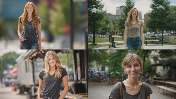 一幅全身肖像，从头到脚，描绘一位二十出头的年轻高挑的高加索女性。她有着亲切、易亲近的脸庞，带着温暖、真诚的微笑。她穿着简单、破旧的青春服饰：一件褪色的乐队t恤和磨损的牛仔裤。她站在休闲的城市环境中（比如公园长椅或人行道），自然光下，写实风格，纪录片风格，传达真实的日常生活感