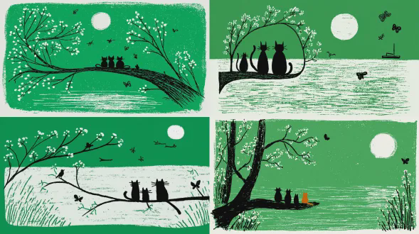 主要内容：四只猫（三只黑色一只橙色）并排坐在弯曲的树枝上，面向夜空中的满月；场景设定：宁静的夜间森林，树枝上绽放着白色花朵，下方有平静的水面（倒映着月光和树枝）；风格参考：梦幻童话风格的数字插画，类似于概念艺术或儿童绘本插画，具有柔和的光线和精细的细节；色彩方案：背景主要为冷蓝绿色调，月亮为暖黄色，猫的黑色和橙色形成对比，营造出宁静梦幻的氛围；构图视角：低角度拍摄，猫在树枝中心，月亮在画面上部中心，水在下方；额外细节：树枝装饰着白色花朵，几只蝴蝶在空中飞舞，水面有月光倒影，光线柔和且有朦胧雾效