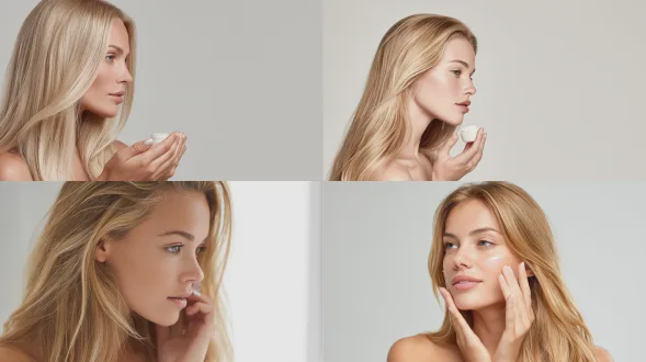 一位美丽的金发女子，长发披肩，在她苍白肌肤的背景下往脸上涂抹面霜，侧视图，特写，工作室拍摄，广告摄影，高分辨率，皮肤纹理，高细节，聚焦于模特的手和面霜，专业打光，日光，柔和阴影，低对比度，清晰锐利的焦点，浅景深，散景效果，全身照，简约风格，产品广告，美容行业美学