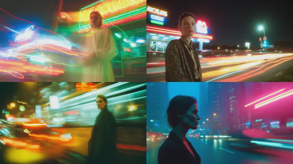 城市夜景中夜晚的时尚编辑，使用2秒长曝光，20岁的白人女模特在霓虹灯牌下静止站立，过往车辆的光轨在她身影周围盘旋，一帧中融合静止与运动，超现实，都市美学