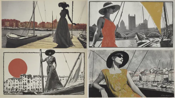 一位身着太阳裙、头戴太阳帽且佩戴着20世纪90年代风格太阳镜的女士，从游艇的船首斜桅处向下方的木板码头挥手，码头上停泊着船只。阳光充足，具有地中海风格，以白色和黄色为主色调，充满活力