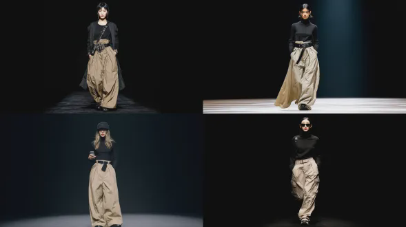 一位韩国模特穿着象牙色阔腿裤搭配黑色长袖上衣，造型为科技风，在巴黎时装周上以山本耀司风格进行t台走秀，背景为深色