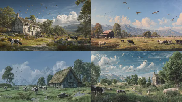 一幅现实风格的照片，展现带有小屋的农场，有绵羊、黑白花色的奶牛以及飞翔的鸟儿。绿色的牧场、树木、湛蓝的天空，背景有山峦