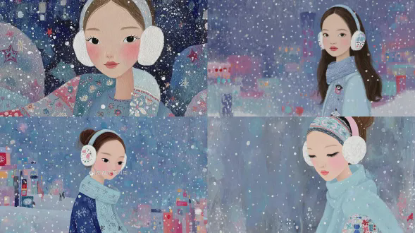 穿着优雅冬装的韩国偶像风格年轻女性，戴着整洁端庄的柔和淡色头巾，轻柔地覆盖她的头发、颈部和胸部，搭配舒适的耳罩轻轻放在头巾上和柔软的耳机。她在雪地景色中平静地听音乐。她的外观感觉甜美纯真，裹在温暖的淡色冬大衣里，一条柔软的围巾整洁地搭在肩上。轻柔的雪花在她周围飘落，发光的光线营造出梦幻、浪漫且神奇的氛围。可爱、干净且健康的偶像美学，柔焦，柔和的光线，端庄且适合儿童的外观