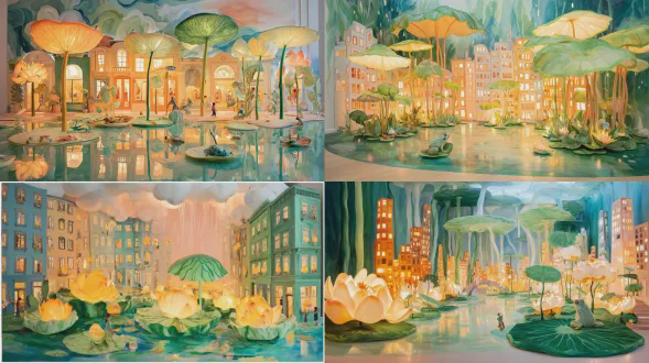 不对称布局，负空间构图。几个在霓虹灯闪烁的莲花城里，巨大的发光莲藕下避难所;一个孩子在附近追逐一只水鸟，一只青蛙栖息在莲叶伞上，鱼儿在水面上闪烁，柔和的粉色雨光从莲花洞中倾泻而下，融合了浪漫、现实主义和科幻奇幻