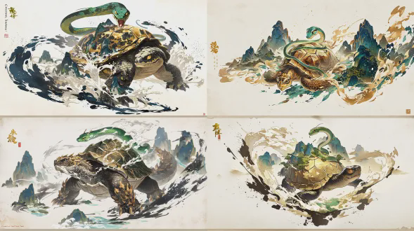 墨点飞溅风格，一只拥有金色鳞片的巨龟，一条绿色的蛇盘绕在龟背上，被群山与河流环绕，中景，从动态角度，白色背景，全身肖像，营造出令人赏心悦目的构图，这件艺术作品展现出精致的细节和高清画质，以《山海经》中的毕方为题材创作的传统中国插画，带有陈旧纸张背景，动态光照，以yoji shinkawa和masamune shirow的风格，受亚洲启发的奇幻角色设计，高分辨率