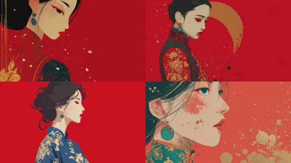 一个中国女孩扁平插画，红色背景，泼金，极简艺术，苏绣金线繁复服装，红色眼影和口红，琉璃色眼睛，翡翠复古耳环，侧脸角度，柔和光线与色调，安静禅道氛围a
