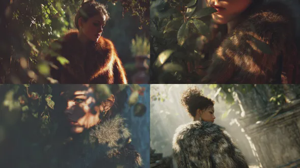 光影突出主体，背景唯美，古装美女，肢体动作有张力，国色天香，裘皮大衣，光影透过枝叶在她身上形成斑驳效果。进行全身特写，清冷色调，高颜值，既视感，情绪氛围感拉满，透视感，胶片颗粒质感，层次丰富，写意，朦胧美学，光的美学，lomo效果，高级感，杰作，皮肤白皙干净光滑水润细腻清透。极致超清，插画，厚涂，气质温柔，oc渲染，超高清画质，细节丰富，精致感强，极致超清，极致细节，氛围感，眼睛狭长眼尾上挑，干净光滑的画面风格，呈现出极致清晰的光滑镜面质感画风。32k像素点压缩处理致所有细节都清晰展现。