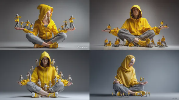 一张富有创意的超现实图像：一位女子盘坐在地，身穿深黄色连帽卫衣、灰色长裤与黄色鞋子，四周环绕着数个迷你版的自己。多个缩小版人物立于她的手掌、肩头与地面，与“原版”嬉戏互动。背景为干净简洁的浅灰至深灰渐变。光线柔和且具电影感，呈现真实阴影与景深效果。