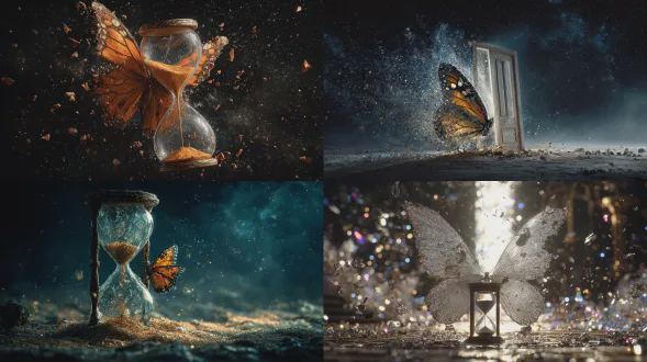 一幅令人惊叹的逼真照片，描绘了坠落在外太空星光闪耀中的景象，一个正在破裂并变成蝴蝶的脆弱沙漏。蝴蝶在背景中形成一扇由光构成的完美、坚固的门。象征着从脆弱的“今天”到充满希望的“明天”的转变。魔幻现实主义，电影照明，史诗般的氛围，超细节，鲜艳的色彩，在 artstation 上流行，8k