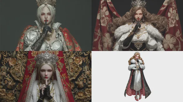 一位身材高挑、孤傲的欧洲皇室女性，表情冷漠、傲慢。她有着金色的长发，头戴银色公主皇冠。她有着红色的眼睛，并将左手食指放在嘴唇上，做出噤声的手势。她身穿一件白色连衣裙，胸前有金色链条装饰，肩部有白色毛皮镶边。她戴着带有金色装饰的黑色手套。她穿着黑色短裙、黑色蕾丝边及膝长袜和红色高跟鞋。她披着一件带有金色花卉图案的红色长披风，披风内侧是白色的。她的鞋子有金色装饰。