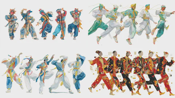 水墨风插画，京剧人物，基思·哈林风格的涂鸦，大胆动态线条，孟菲斯几何图案，全身舞蹈姿势，白色背景，现代感的传统服饰，原色配金色点缀，充满能量的动作，极简面部特征，平面插图，文化融合艺术