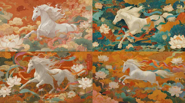 一匹雄伟的白马在天空中奔腾，中国传统绘画风格，周围环绕着漂浮的彩色丝带和盛开的白色莲花，祥云，金箔纹理，充满活力的琥珀色和赤陶色背景，马的身体上有着错综复杂的细节，神圣的氛围，金色点缀