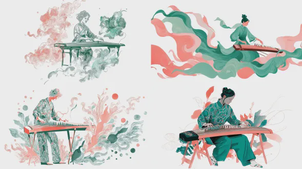 水墨风插画，古筝演奏者，基思·哈林风格的涂鸦，旋律流动线条，孟菲斯音乐图案，全身演奏姿势，白色背景，优雅音乐家插图，翡翠绿和珊瑚粉，和谐的极简细节，音乐极简主义艺术，平面插图，声音之美