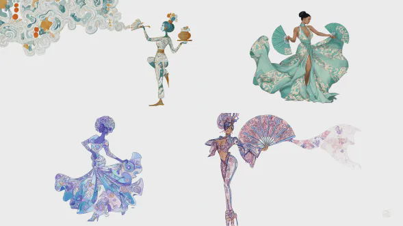 水墨风插画，扇舞表演者，基思·哈林风格的涂鸦，流畅的曲线线条，孟菲斯装饰图案，全身优雅姿势，白色背景，精致的人物插图，柔和色彩配粗线条轮廓，优雅的极简细节，表演极简主义艺术，平面插图，艺术表达