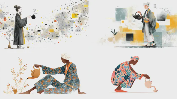 水墨风插画，茶艺师，基思·哈林风格的涂鸦，优雅简化笔触，孟菲斯图案背景元素，全身倒茶姿势，白色背景，宁静的人物设计，大地色调配波普色彩，精致的极简细节，沉思的极简主义艺术，平面插图，文化优雅
