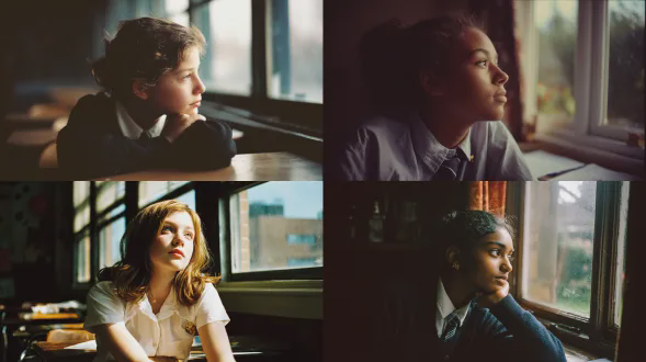 一名15岁少女坐在教室靠窗桌前，凝视窗外，表情若有所思，穿着校服，自然昼光从窗户倾泻，照亮她的侧脸和桌面，柯达 portra 400 胶卷拍摄，50mm镜头，逼真的肤色还原，细腻颗粒质感，柔和温暖的高光，中等饱和度，怀旧而清晰的氛围，浅景深，眼神光，柔和阴影，宁静而略带忧郁的情绪。