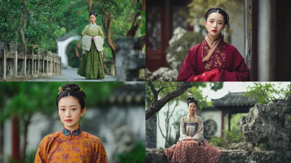 明代汉服少女，精致马面裙，考究百迭裙褶，交领长袍，端庄仪态，苏州古典园林背景，太湖石与月亮门，柔焦浅景深，85mm定焦人像镜头，午后柔和顶光，面部立体光影，薄雾氛围，优雅宁静，沉稳内敛，中国传统色彩，绢本设色画卷质感，细节丰富。