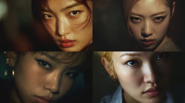 画面采用ccd拍摄风格，呈现出具有现场感与既视感的效果，运用伦勃朗光，光影斑驳，明暗对比强烈，暗调背景且背景虚化。一位20岁的东亚美女，鸭蛋脸型，拥有冷白且瓷白的皮肤，五官精致立体，妆容精致，细长而专注的眼睛眼角用眼线笔拉长，自然的眉毛搭配自然唇釉色的唇色。她留着金棕色短发