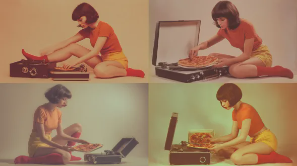 一幅20世纪70年代复古杂志风格的照片。一位留着深棕色短发和刘海的年轻女子坐在便携式转盘旁边的地板上。她穿着短袖橙红色上衣、黄色短裤和及膝红色袜子。女子正小心翼翼地把意大利辣香肠披萨放在转盘托盘上，就像它是一张黑胶唱片一样。转盘是黑色的，方形的，有模拟旋钮和银色唱臂。白色无缝摄影棚背景，无环境。柔和温暖的光线，轻微的胶片颗粒感，柔和的复古色彩，正宗的20世纪70年代广告美学。俏皮的超现实概念，带有讽刺的氛围。以轻微的侧角拍摄，全身可见，姿势随意放松。高度逼真，模拟摄影效果，编辑风格，怀旧基调