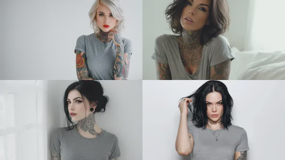 穿着朴素灰色t恤的文身火辣哥特风模特女孩在明亮的白色房间里