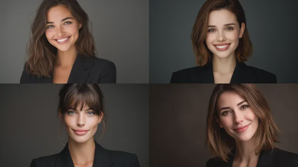 白人职业女性的特写肖像，齐肩棕色头发，淡褐色眼睛，穿着黑色西装外套，微笑，简洁工作室背景，柔和的自然光，柔和的眼神光，自信友好的情绪，佳能eos r5 mark ii，85mm定焦镜头，光圈f/8，锐利画质，商业肖像风格，经典优雅，中性色调