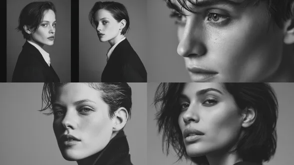 现代时尚编辑风格人像，柔和单调色调，低饱和度和低对比度。一位30多岁的雌雄同体脸型的高加索女性，上身拍摄。干净自然的肌肤，极简妆容，无浓重眼妆。微妙的眼睑，小到中等的眼睛，自然比例。略带湿润的黑色长发，带有柔和光泽，整齐造型且飘逸。完全侧profile视角，侧身面对，直视侧面，完全不面向镜头。平静、自信、低调的表情。柔和漫射的工作室灯光，柔和的阴影，柔和的色调。高端时尚摄影，现代简约美学，电影感，高分辨率，真实细节