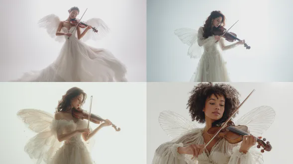 美丽女士穿着浅米色飘逸面纱连衣裙，配有精灵般透明翅膀，优雅侧身拉小提琴，神态专注宁静，白色纯净背景，真实照片效果，极简主义，居中构图，柔光，顺滑丝绸质感，细腻翅膀纹理，优雅动作，浅色调，空灵梦幻